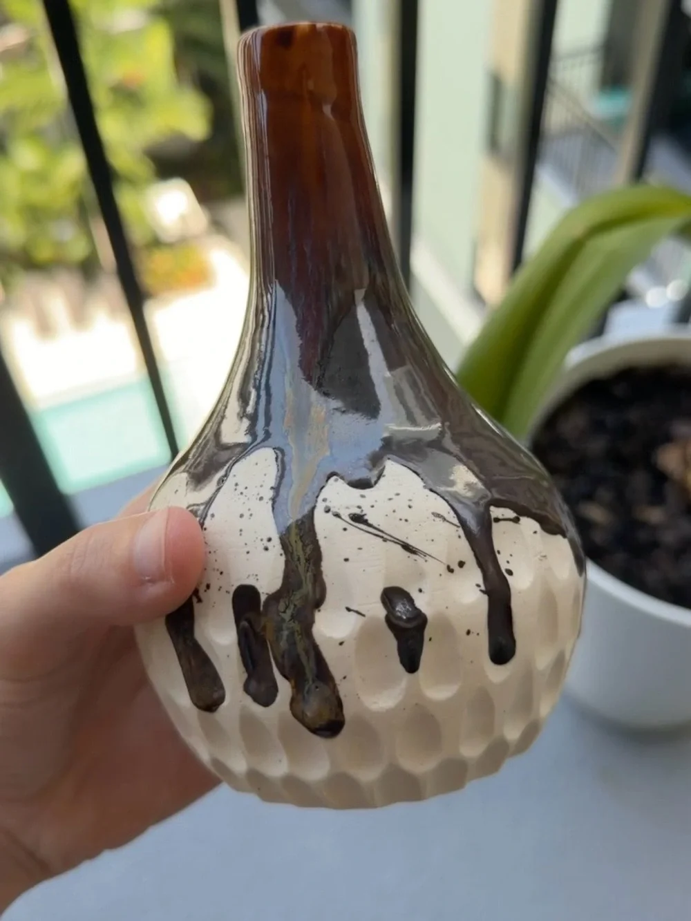 Handcrafted Ceramic Drip Vase in Brown and Cream Base